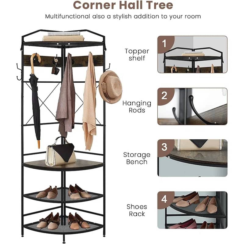 Brown-Black Steel Wood Corner Hall Tree with Shoe Storage Bench, Hooks and Shelves - 19.68'' W X 19.68'' D X 72” H
