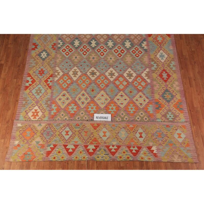 Geometric Kilim Area Rug Hand-Woven Wool Carpet - 8'5"x 11'1"