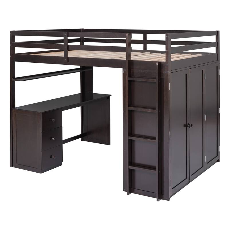 Full Size Loft Bed with Drawers, Desk, and Wardrobe in Espresso