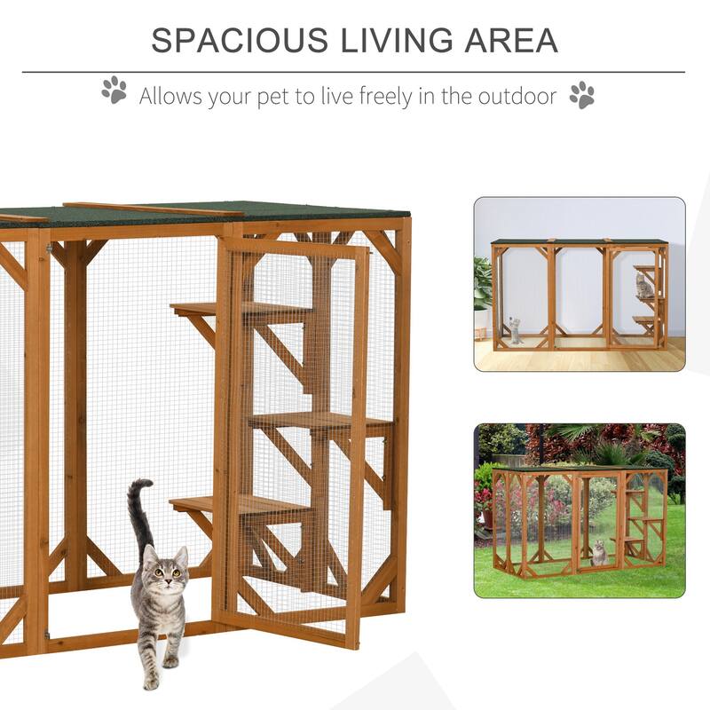PawHut Wooden Outdoor Cat House Catio Kitten Enclosure Indoor Cage with Asphalt Roof, Multi-Level Platforms and Large Enter Door