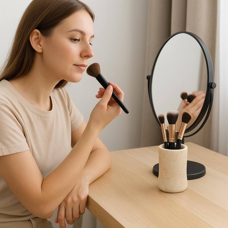 Creative Home Curvy Collection Champagne Marble Tumbler, Toothbrush Holder, Makeup Brush Organizer - Beige