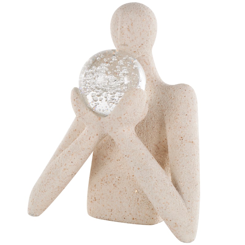 Cream Polystone Abstract Textured People Decorative Sculpture with Clear Glass Ball and Gold Speckles