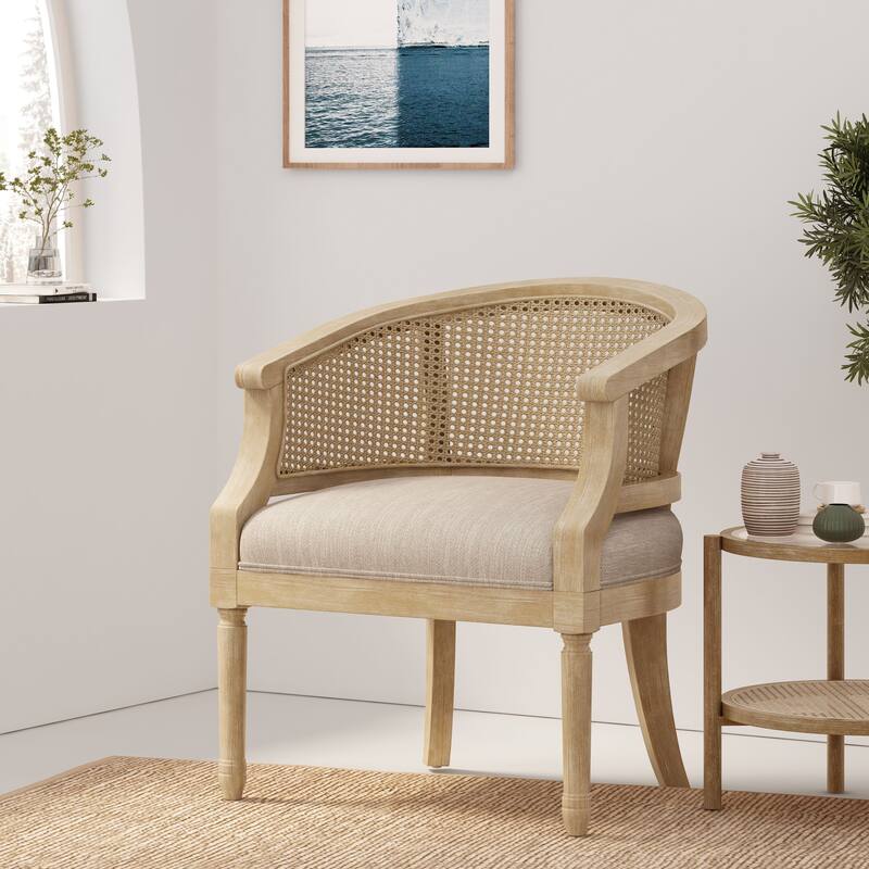 French-Style Accent Chair, Farmhouse Armchair with Rattan Backrest, Upholstered Side Chair with Wooden Frame