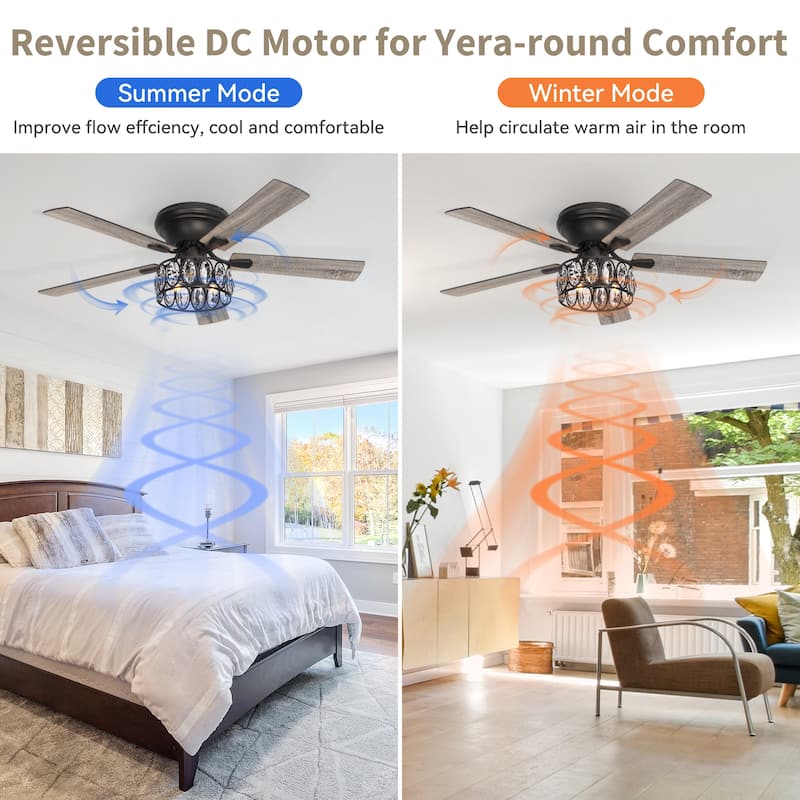 52" Flush Mount 5-Blade Modern Crystal Indoor Ceiling Fan with Light Kit and Remote