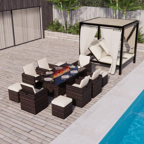 Combination Outdoor Wicker Furniture for Dining Set,Lounge Bed and Storage box