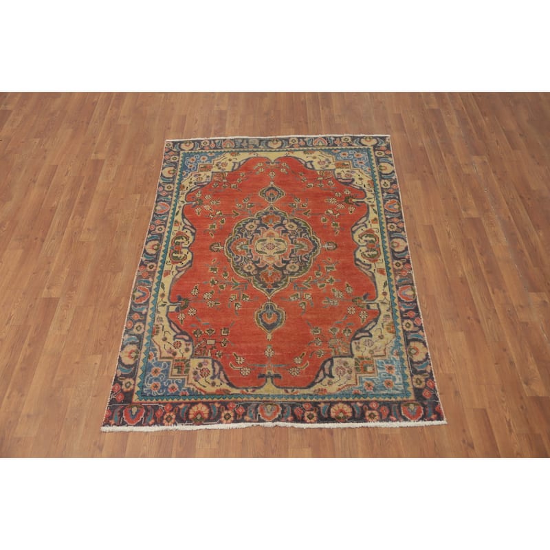 Hand Knotted Oriental 100% Wool Carpet Traditional Floral Oranges & Rust Tabriz Area Rug - 5' 11'' X 4' 3''