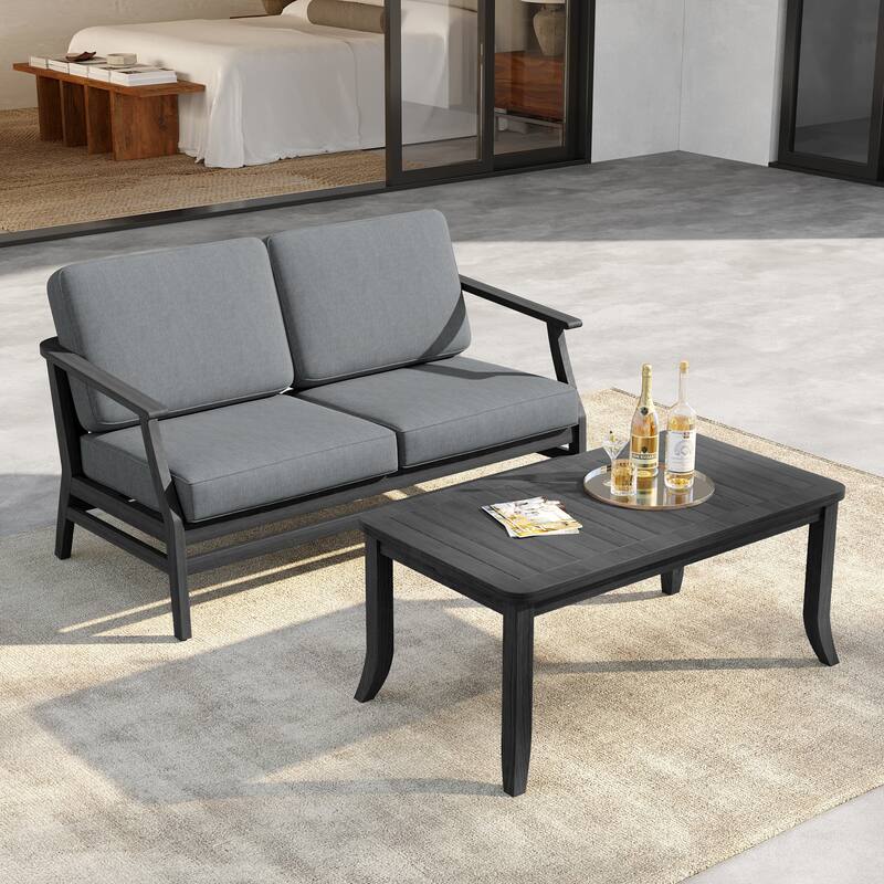 Outdoor Loveseat Sofa with Coffee Table Teak Wood Patio Furniture