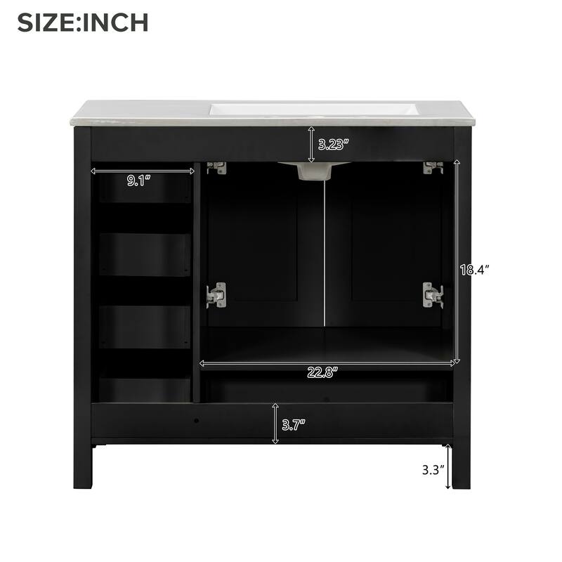 Bathroom Vanity with Ceramic Sink, Abundant Storage Cabinet with 2 Soft Close Doors and 5 Drawers and Delicate Silver Handles