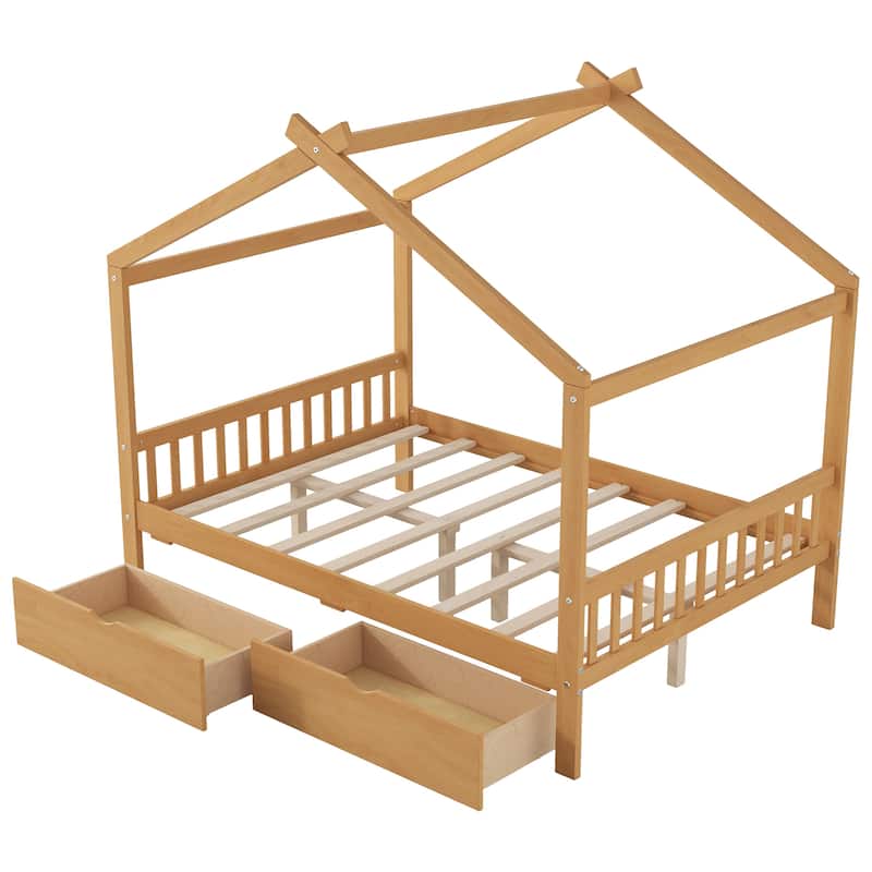 Full Size Platform Bed w/Drawers, Headboard, Footboard, Roof Design