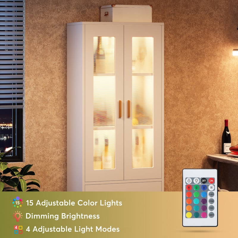 Tall Bookcase Bookshelf with Doors and LED Light