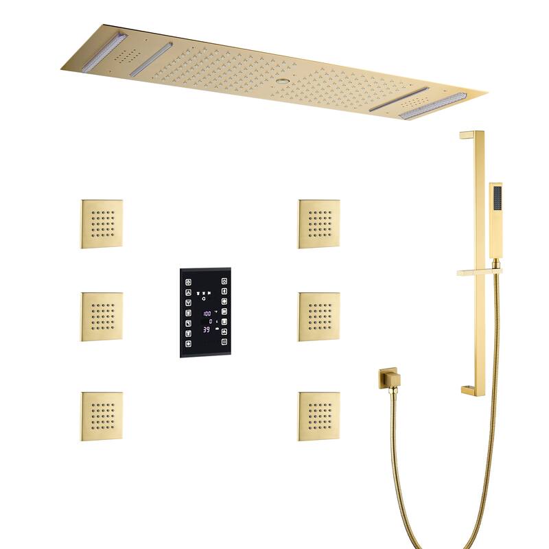 Luxury Shower System, 64-Color LED Music Multi-Function Thermostatic Shower Faucet Set with 6 Body Jets & Handheld Shower Head - Brushed Gold