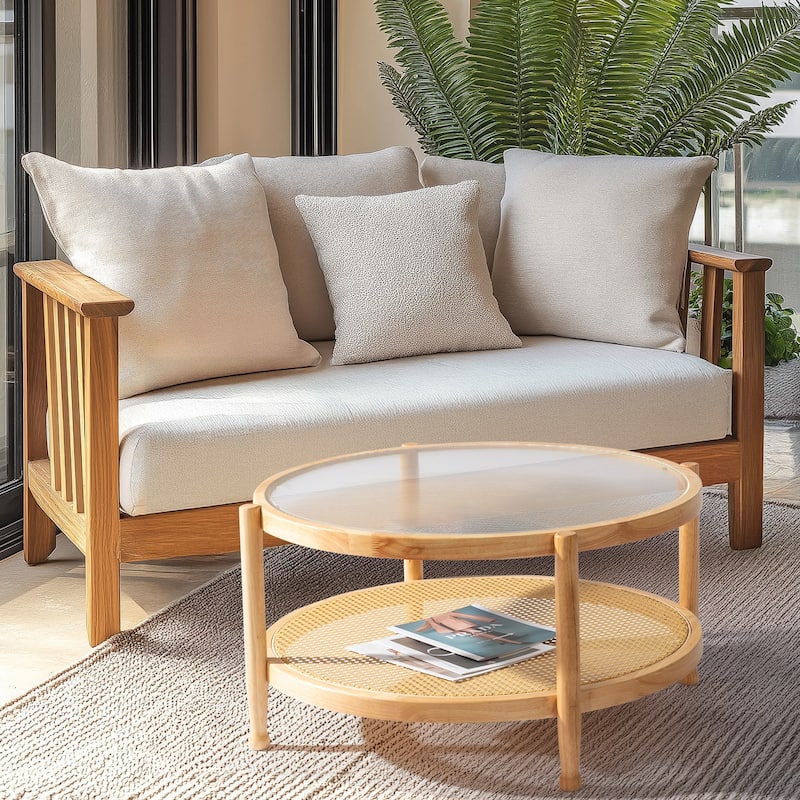 31.5in Rattan Coffee Table with Tempered Glass Top and Hand-Woven Shelf for Indoor Outdoor - 31.5” x 31.5” x 17.3”