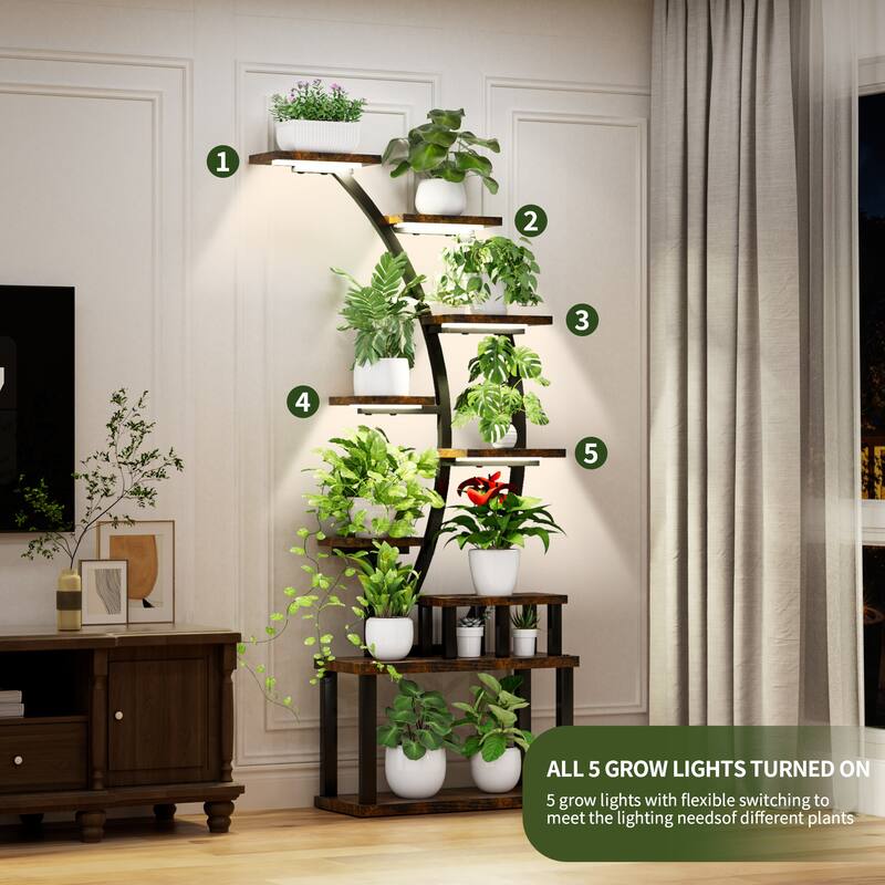 9-Tier Indoor Curved Design Plant Stand with Grow Lights Black Metal Frame and Particleboard Shelves - 20.6”L x 11.2”W x 63.5”H