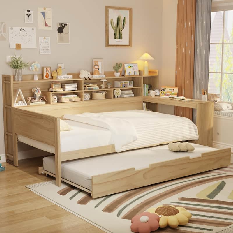 Wooden Daybed with Storage Shelves