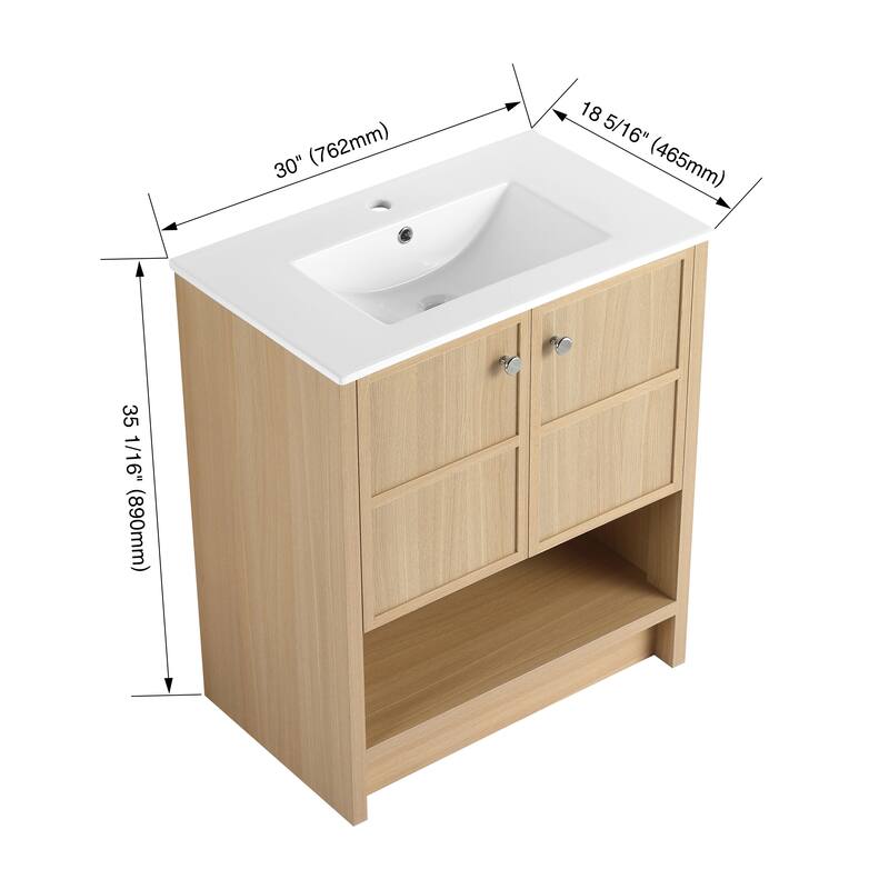 GDFStudio - Bergen Modern Minimalist Freestanding Bathroom Vanity Cabinet with Ceramic Sink, Soft Close Doors& Open Shelf - 30"