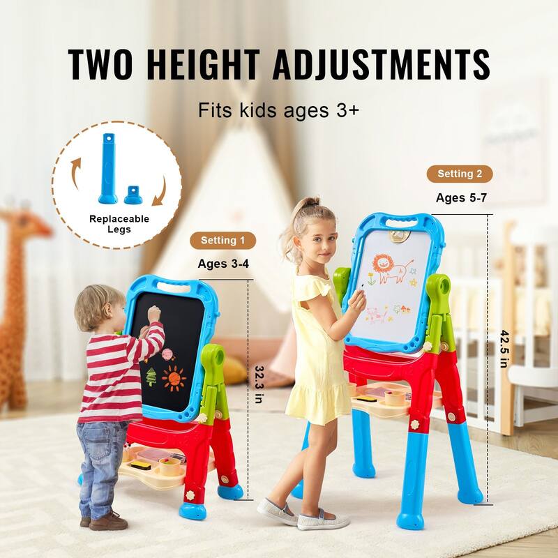 2-in-1 Kids Art Easel Double-Sided Magnetic Whiteboard Chalkboard Rotating - Multi