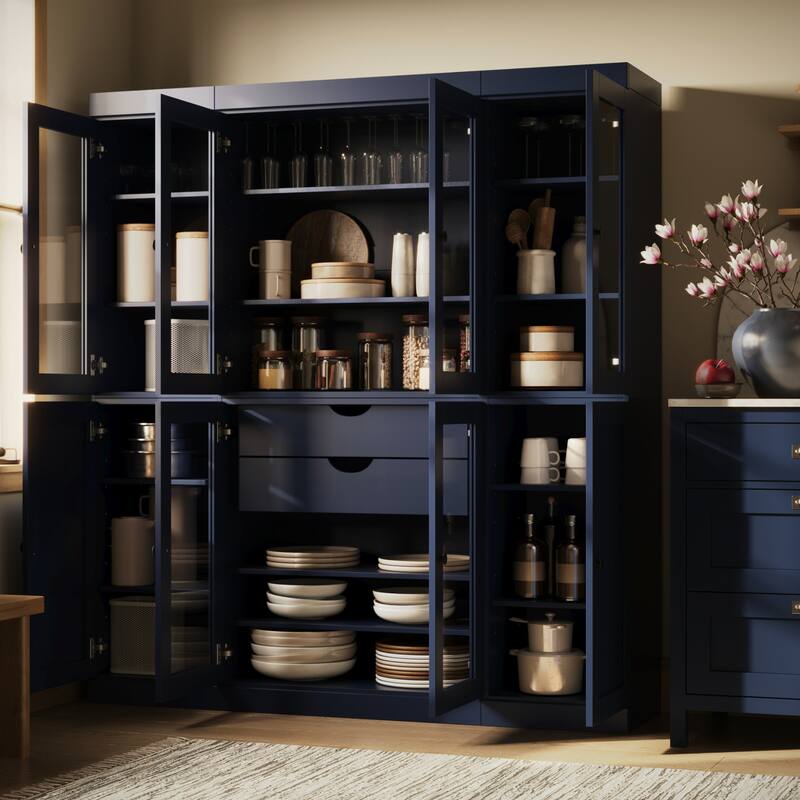 Palace Imports 100% Solid Wood 65" Pantry Cabinet with Clear Glass, Shaker Doors, 2-Drawers and Adjustable Shelves