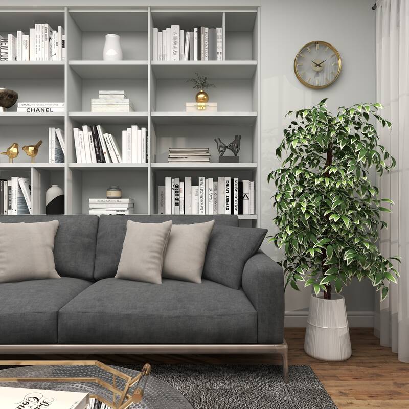 Green Faux Foliage Ficus Artificial Tree with Realistic Leaves and Black Plastic Pot