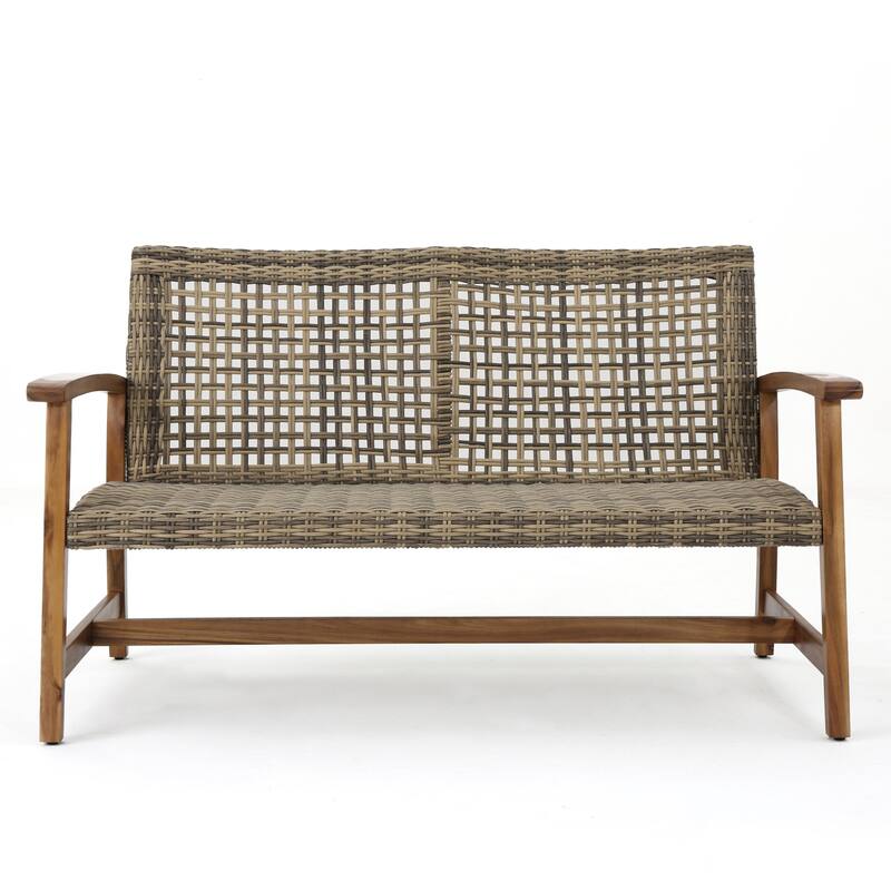 Augusta Outdoor Acacia Wood and Wicker 4 Seater Chat Set with Fire Pit by Christopher Knight Home