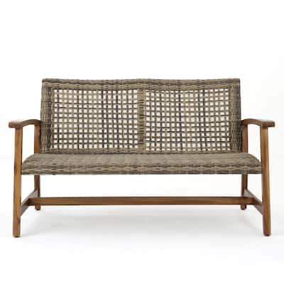Outdoor Acacia Wood Loveseat Sofa Rattan Wicker 2 Seater Sofa Couch