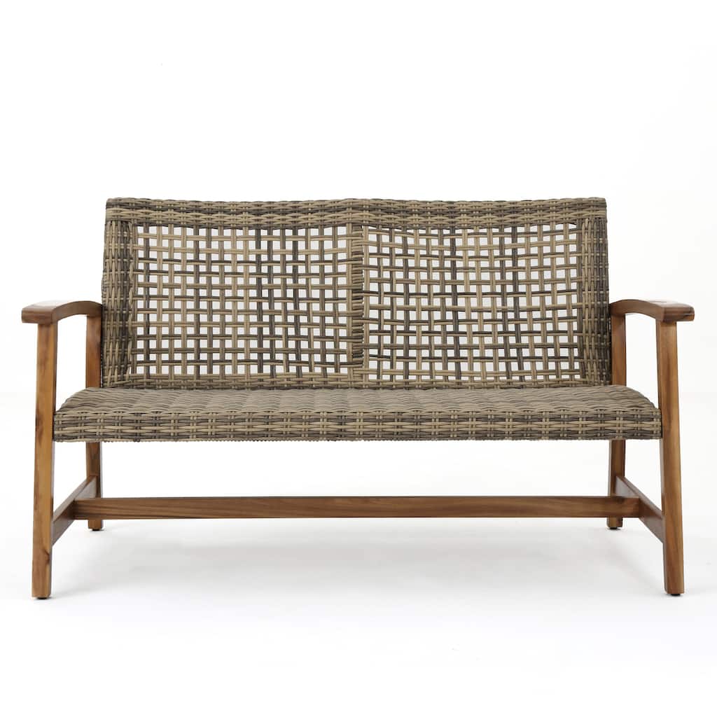 Outdoor Acacia Wood Loveseat Sofa Rattan Wicker 2 Seater Sofa Couch