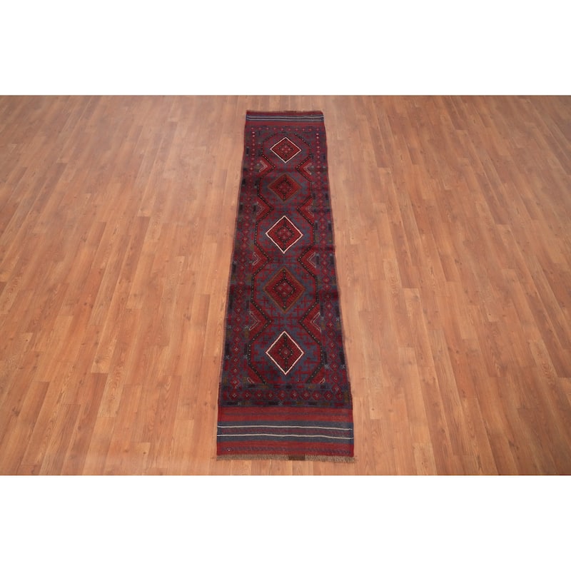 Hand Knotted Oriental 100% Wool Carpet Traditional Tribal Navy Blue & Blues Balouch Runner Rug - 8' 3'' X 1' 10''