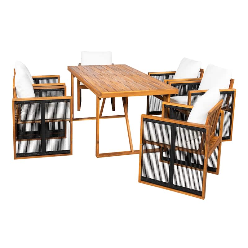 Christopher Knight Home - Modern Outdoor Acacia Wood Dining Set with Cushions and Handwoven Rope Chairs