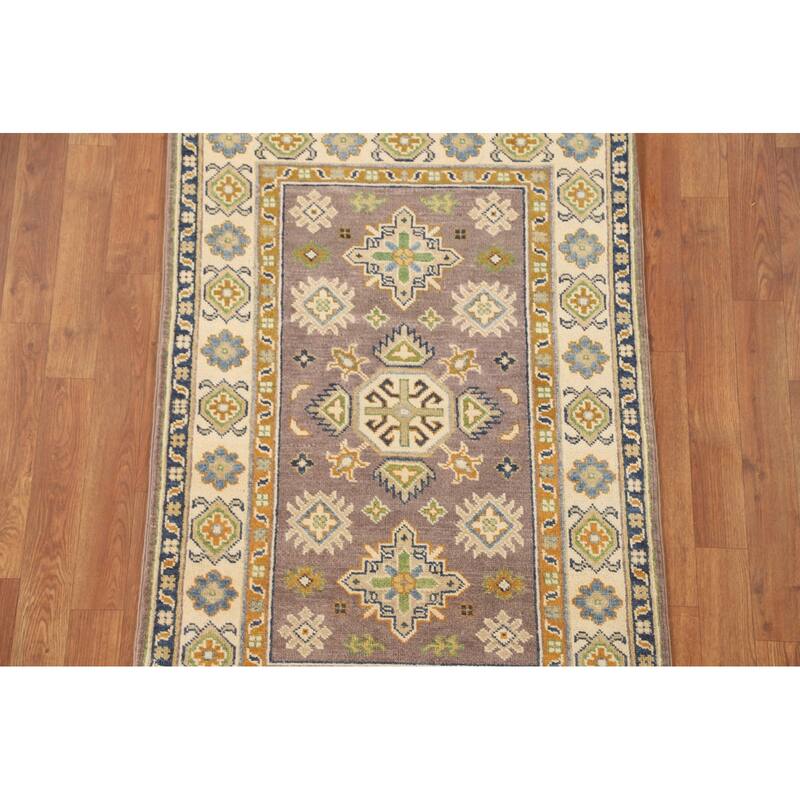 Geometric Brown Kazak Oriental Accent Rug Handmade Wool Carpet - 2'9" x 4'2"