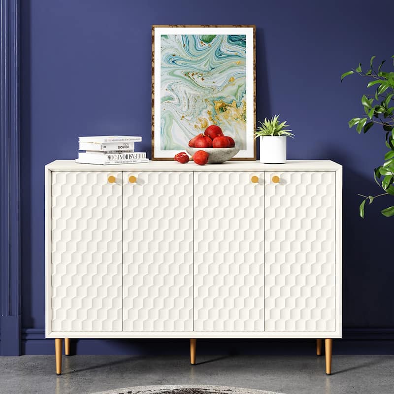 Hexagon Honeycomb Storage Cabinet, 4 Door Modern Buffet with Gold Legs