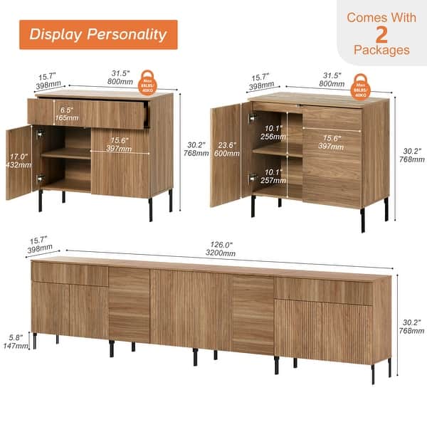 126" Modern Reeded 8-Door Sideboard With Drawers, 4-In-1 Wooden Credenza