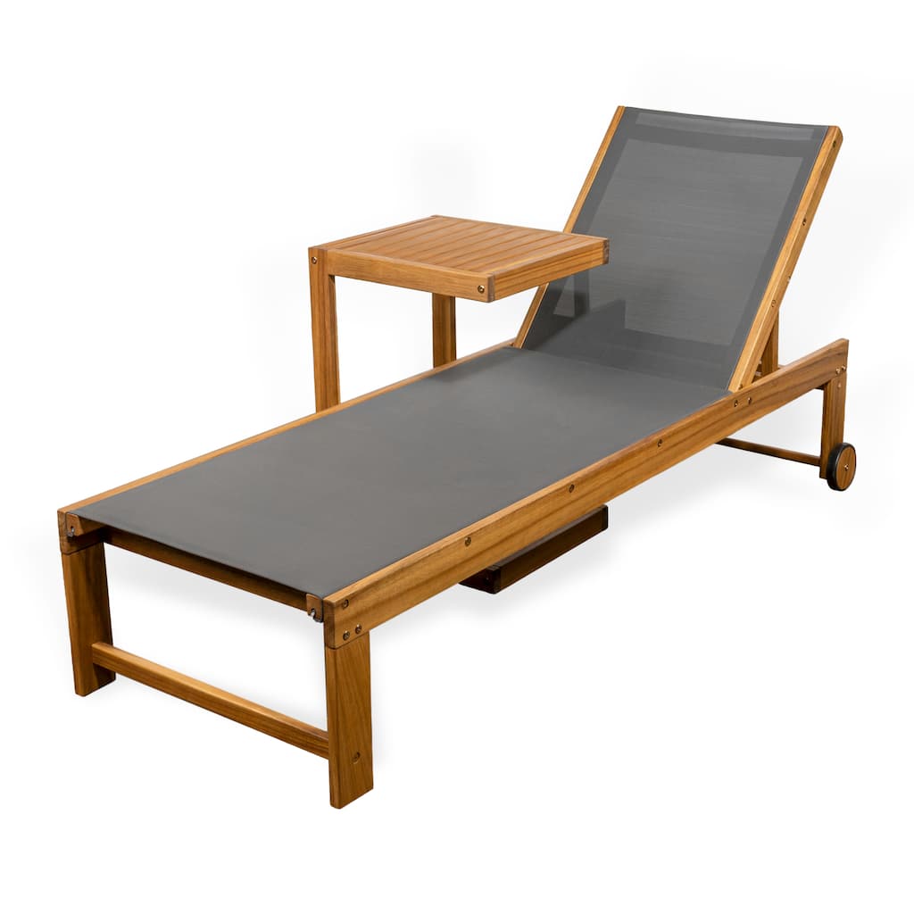 Barclay Coastal Modern Acacia Wood Mesh 3-Position Outdoor Chaise Lounge Set with Side Table, by JONATHAN Y
