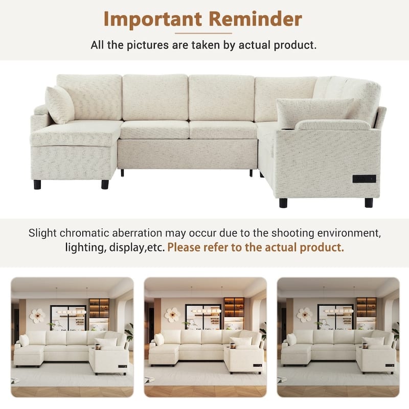 109.9" Modern U-shaped Sleeper Sectional Sofa with Two Cup Holders and Charging Ports