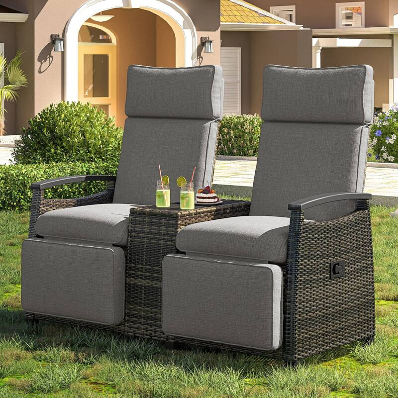 Outdoor Adjustable Recliner Loveseat with Acacia Wood Armrests, Built-In Storage Table, and Comfortable Cushions for Patio