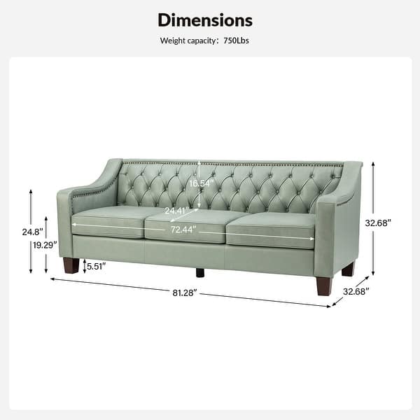 dimension image slide 2 of 8, Mateo 82.28" Wide Transitional Genuine Leather Sofa with Nailhead Trim and Button-Tufted Back