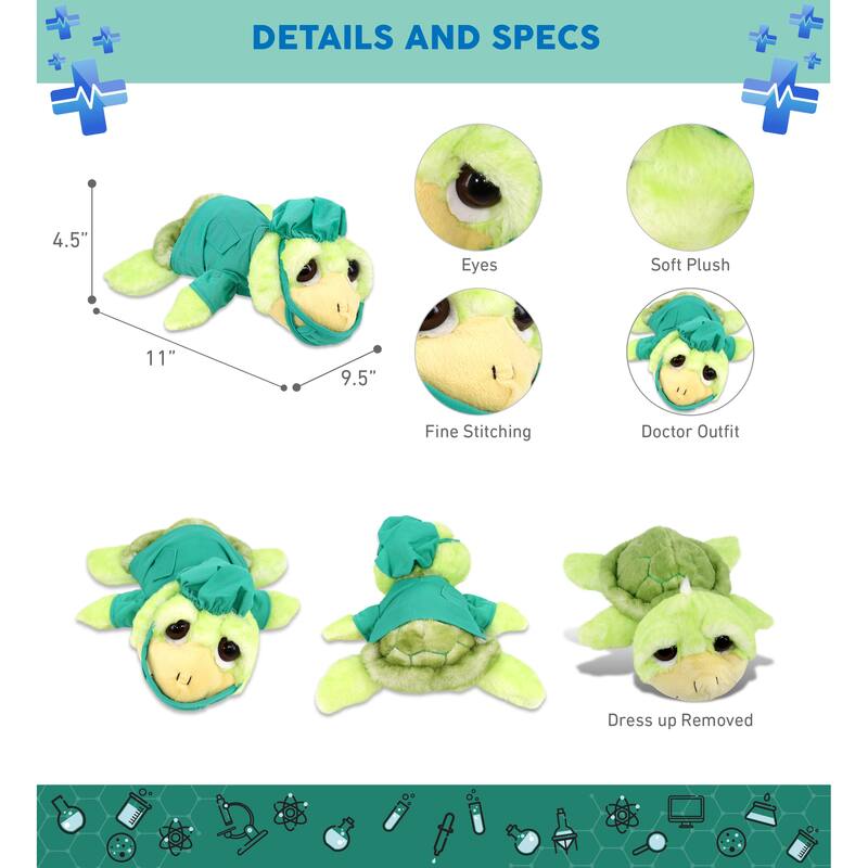 DolliBu Green Sea Turtle Large Doctor Plush with Scrub Uniform and Cap - 11 inches