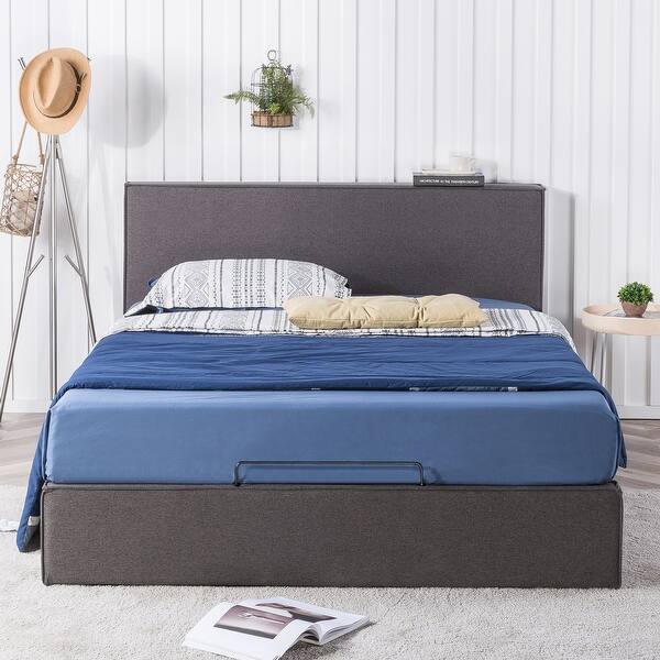 Priage By Zinus Dark Grey Upholstered Platform Bed Frame With Storage Overstock 32038789
