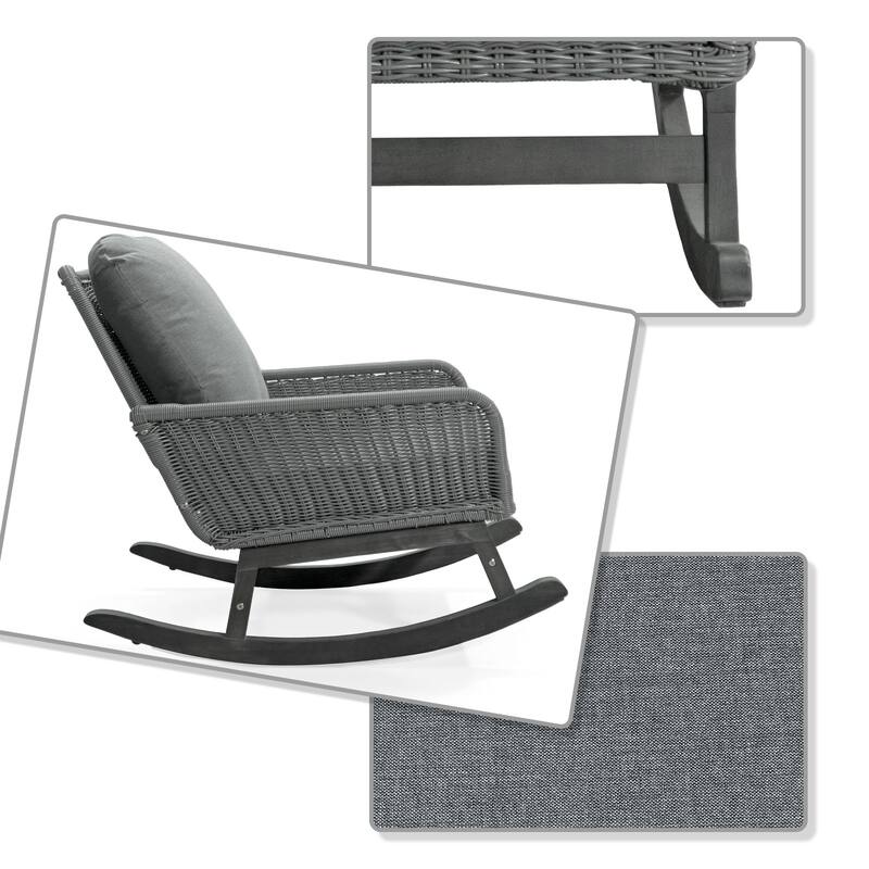 Classic Stylish PE Rattan Wicker Rocking Chair with Cushions and Solid Wood Legs, For Indoor and Outdoor Use