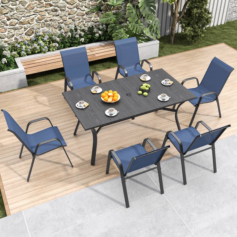 6-Piece Outdoor Dining Chairs Set, Wide Ergonomic Seat, 350lbs Capacity, Waterproof & Rust-Resistant Teslin Fabric Metal Frame - Black+Navy Blue