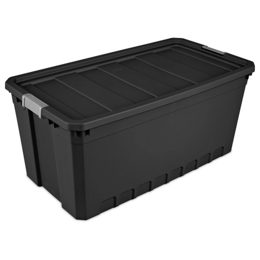 Sterilite 19 Gal Rugged Industrial Stackable Storage Tote w/ Lid, Black, 6 Pack