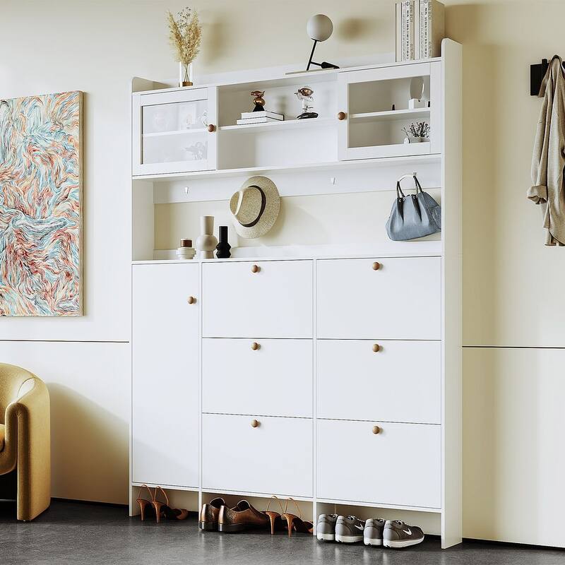 Hall Tree and Shoe Storage Bench with Flip Drawers and Doors