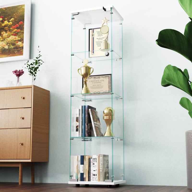 Glass Display Cabinet with Doors & Locks, Acrylic Shelves, Floor Standing Storage Showcase for Home or Office