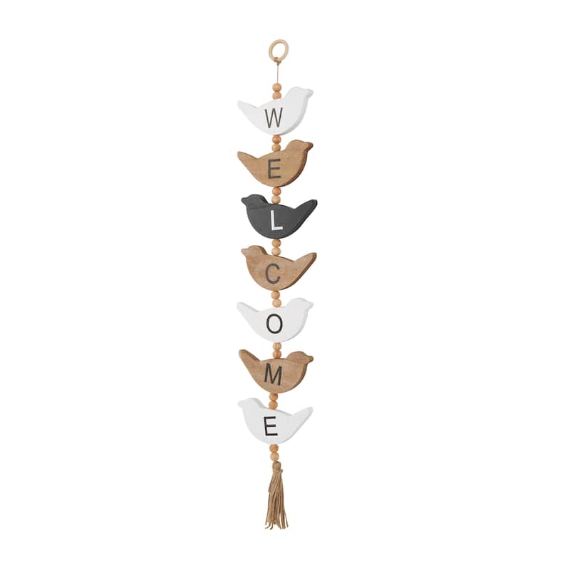 Brown or Black Wood Handmade Family Sign Bird Wall Decor with Tassel and Bead Accents