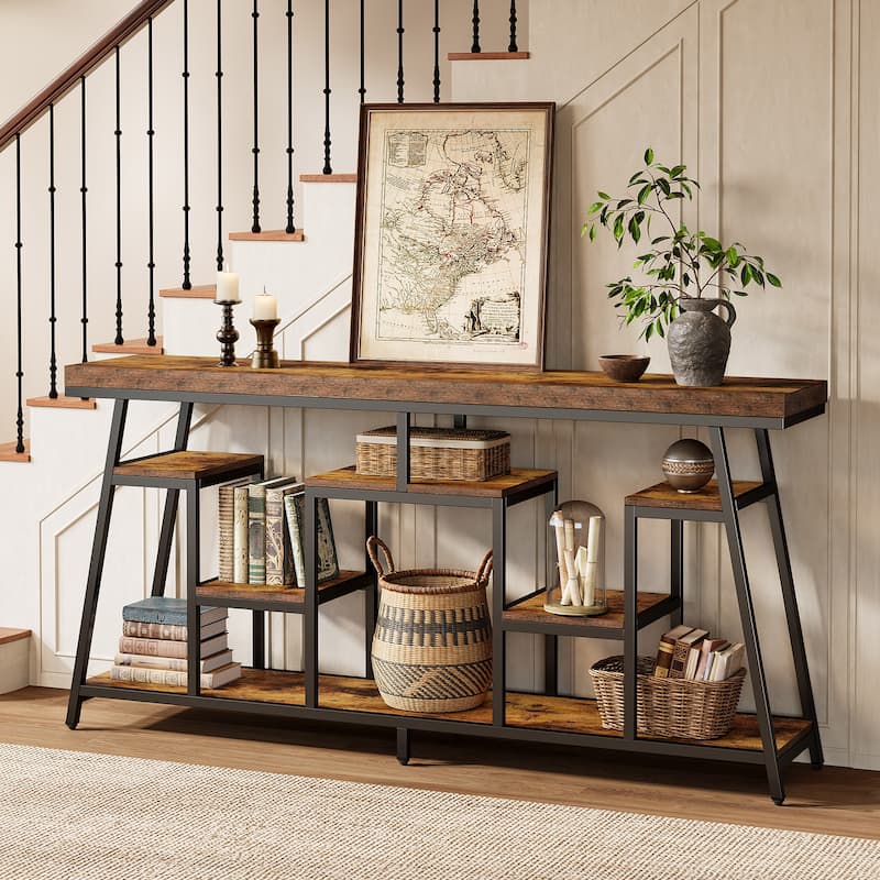 70.87-Inch Industrial Console Table for Entryway, Sofa Table with 7-Tier Storage Shelves - 13.78" D x 70.87" W x 33.46" H