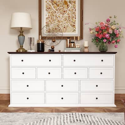 Versatile 12-Drawer Solid Wood Dresser - Brown & White Chest Of Drawer