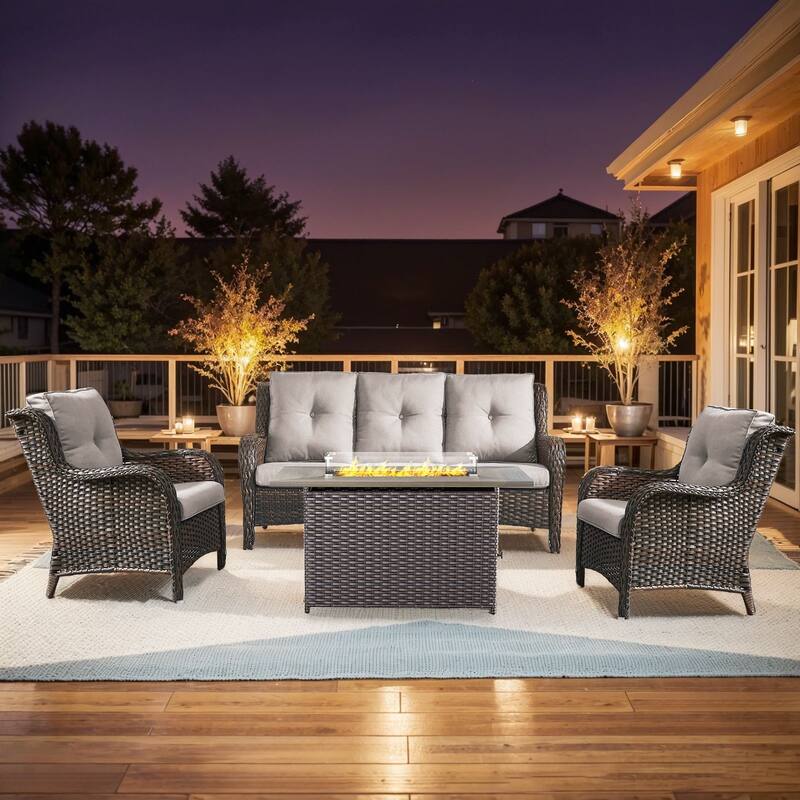 Gymojoy 4-Piece Outdoor Wicker Furniture Set, 2 Patio Chairs, 3-Seat Sofa & Fire Pit Table - Brown Wicker / Beige Cusion - 4-Piece