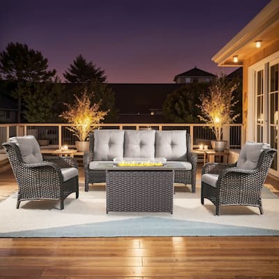 Gymojoy 4-Piece Outdoor Wicker Furniture Set, 2 Patio Chairs, 3-Seat Sofa & Fire Pit Table