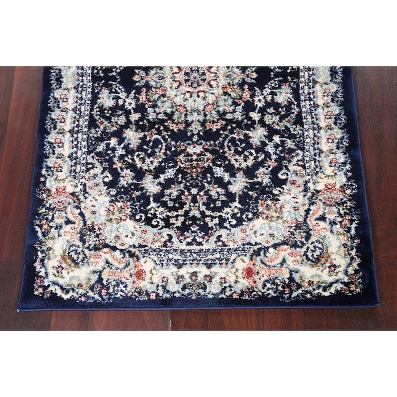 Navy Blue Floral Medallion Transitional Turkish Rug Oriental Carpet