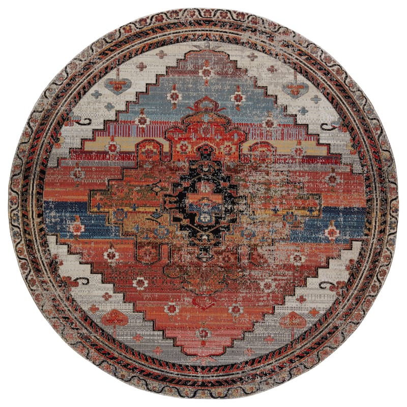 Cicero Indoor and Outdoor Medallion Area Rug - 7'10" RND - Multicolor/Orange