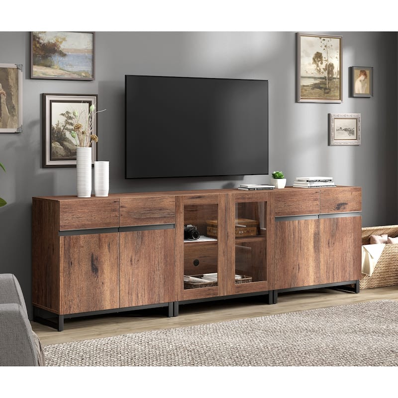 Modern TV Stand for Tvs Up to 100 Inch, 3 In 1 TV Console with Glass Doors and 2 Drawers, Entertainment Centerf or Living Room - 94.5 inches - Brown