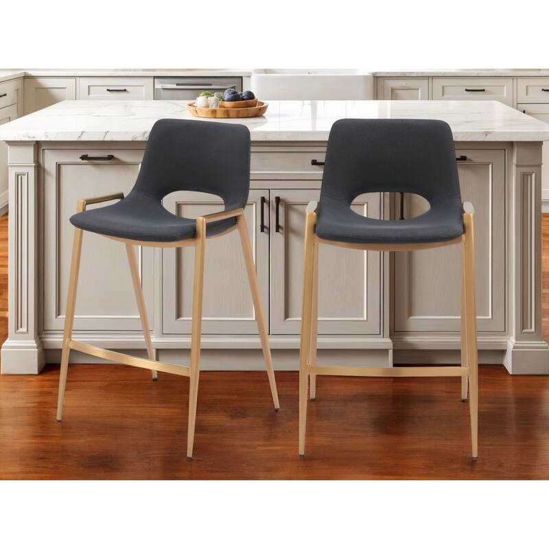 Set of Two 26" Black And Gold Faux Leather And Steel Low Back Counter Height Bar Chairs - Black